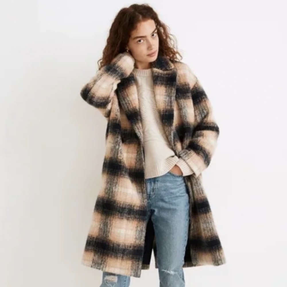 Madewell Plaid Coat in Black and Cream
